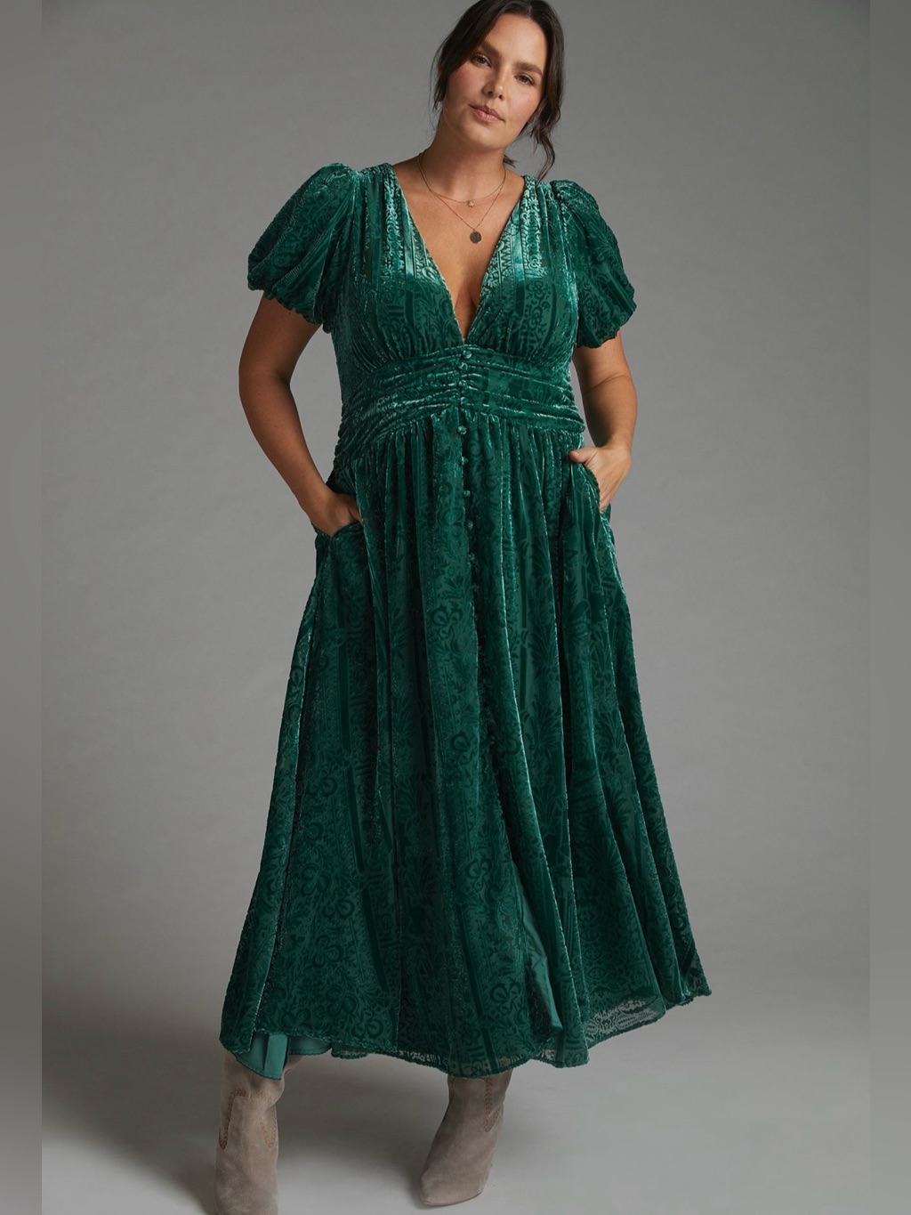 Anthropologie Puff-Sleeved Burnout Velvet Maxi Dress
